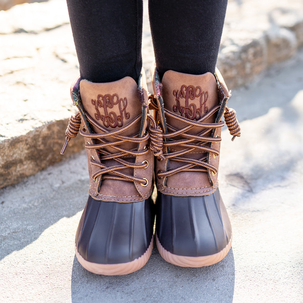 cute kids brown duck boots with monogram