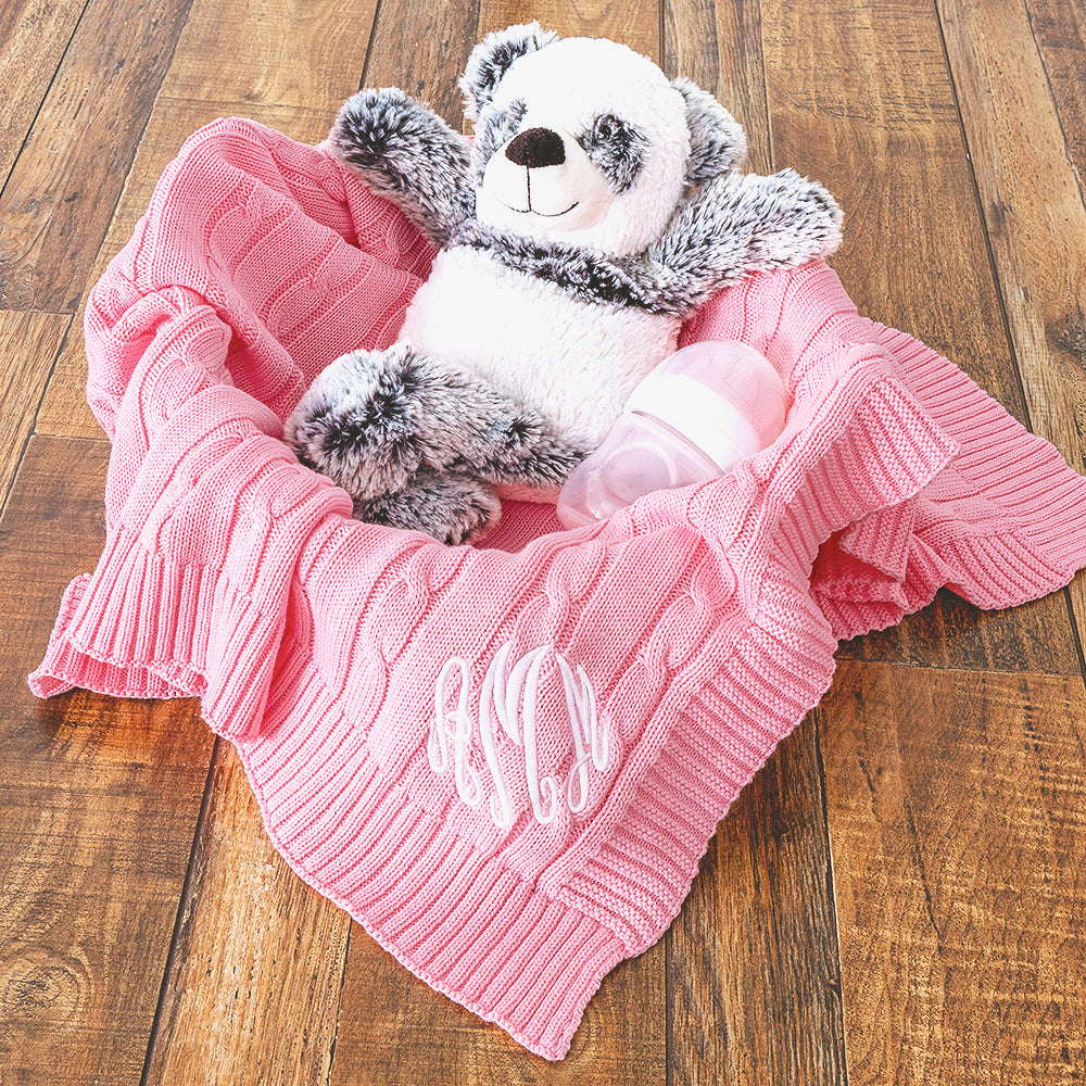 baby girls pink monogrammed blanket with bear