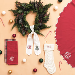 christmas wreath sash with stocking, tree skirt, and dish towel set