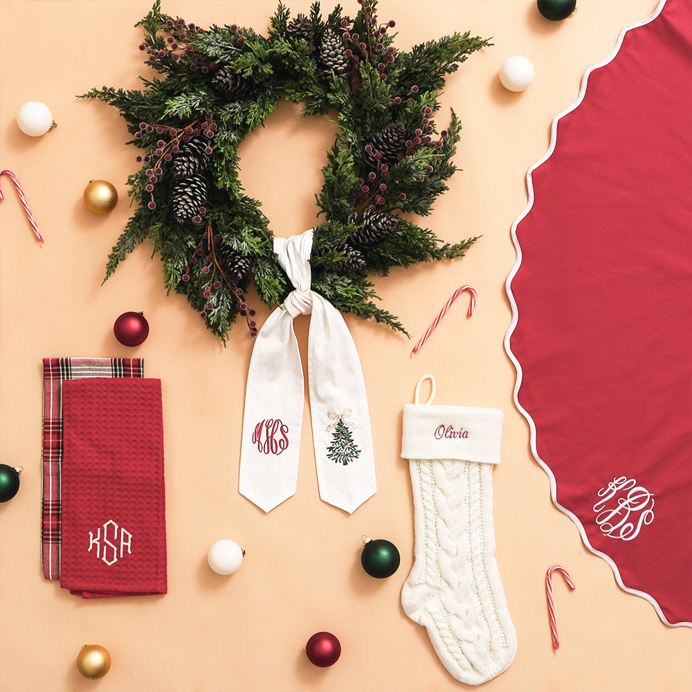 christmas wreath sash with stocking, tree skirt, and dish towel set