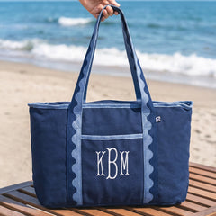 navy anywhere tote bag at beach