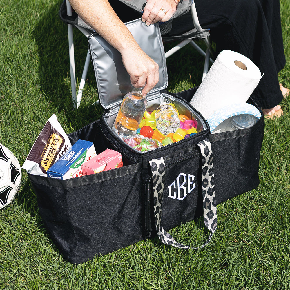black leopard monogrammed extra large cooler tote outside