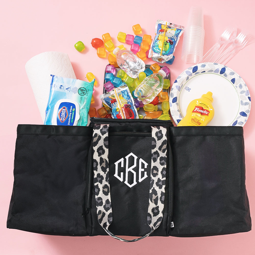 monogrammed extra large tote bag in black leopard packed
