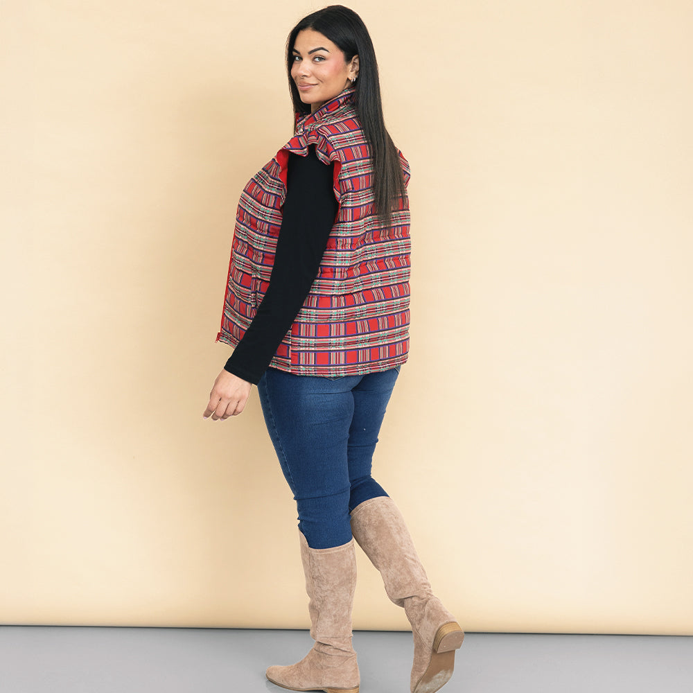 back of girl wearing red plaid personalized quilted ruffle sleeve vest 