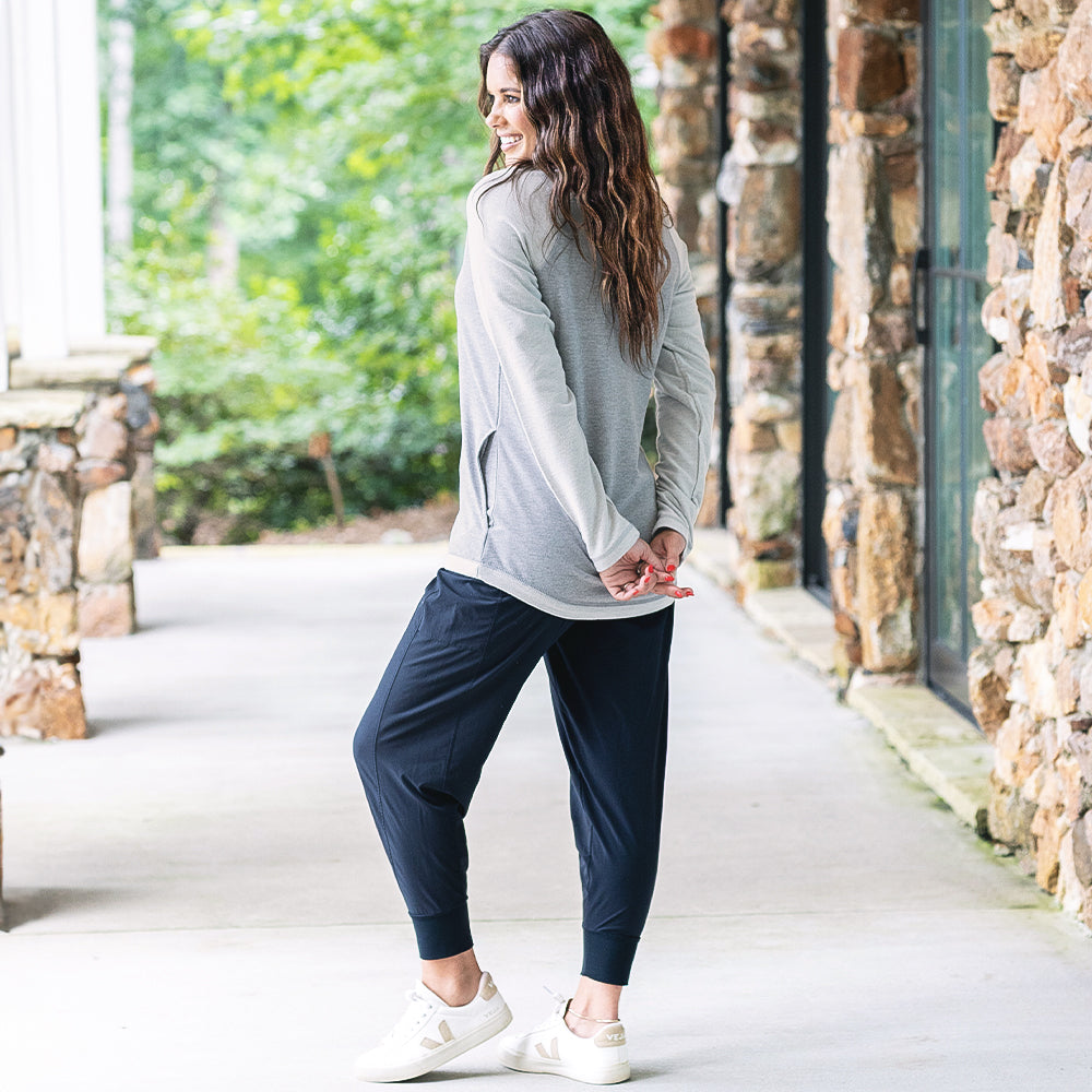 back of heathered grey essential pullover 
