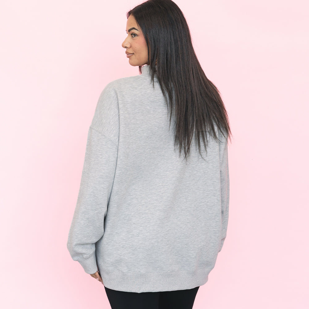 back of heathered grey monogrammed mockneck sweatshirt 