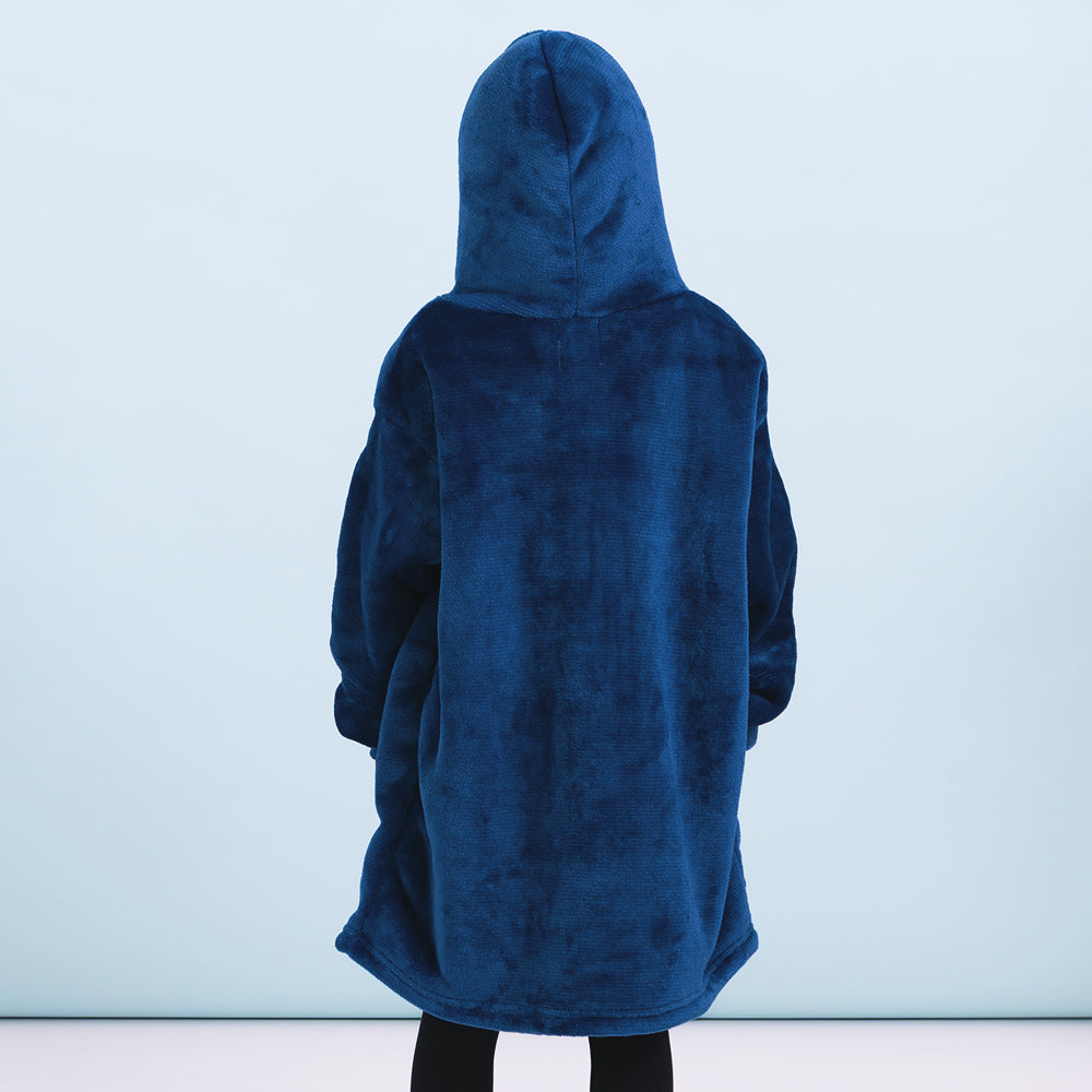back of kids blanket hoodie in blue