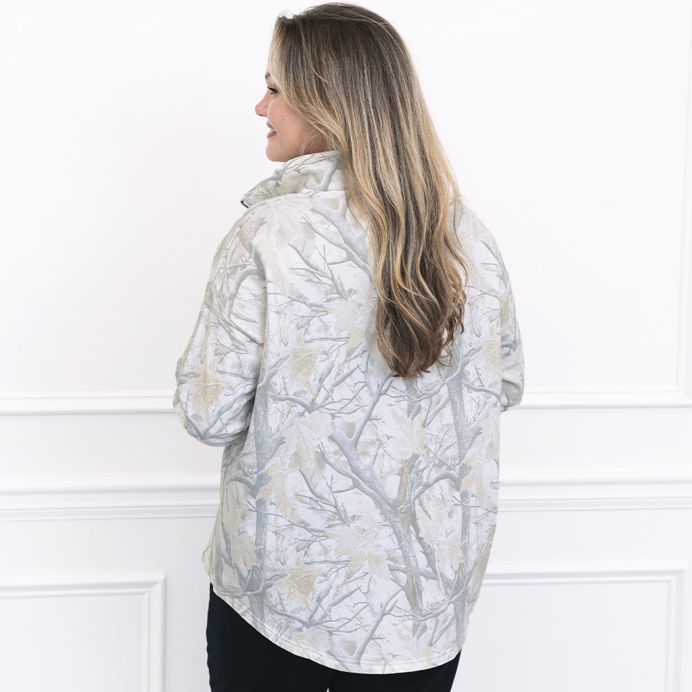back of quarter zip sweatshirt in birch camo 