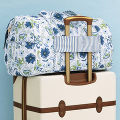 back of quilted weekender in indigo painted petals 