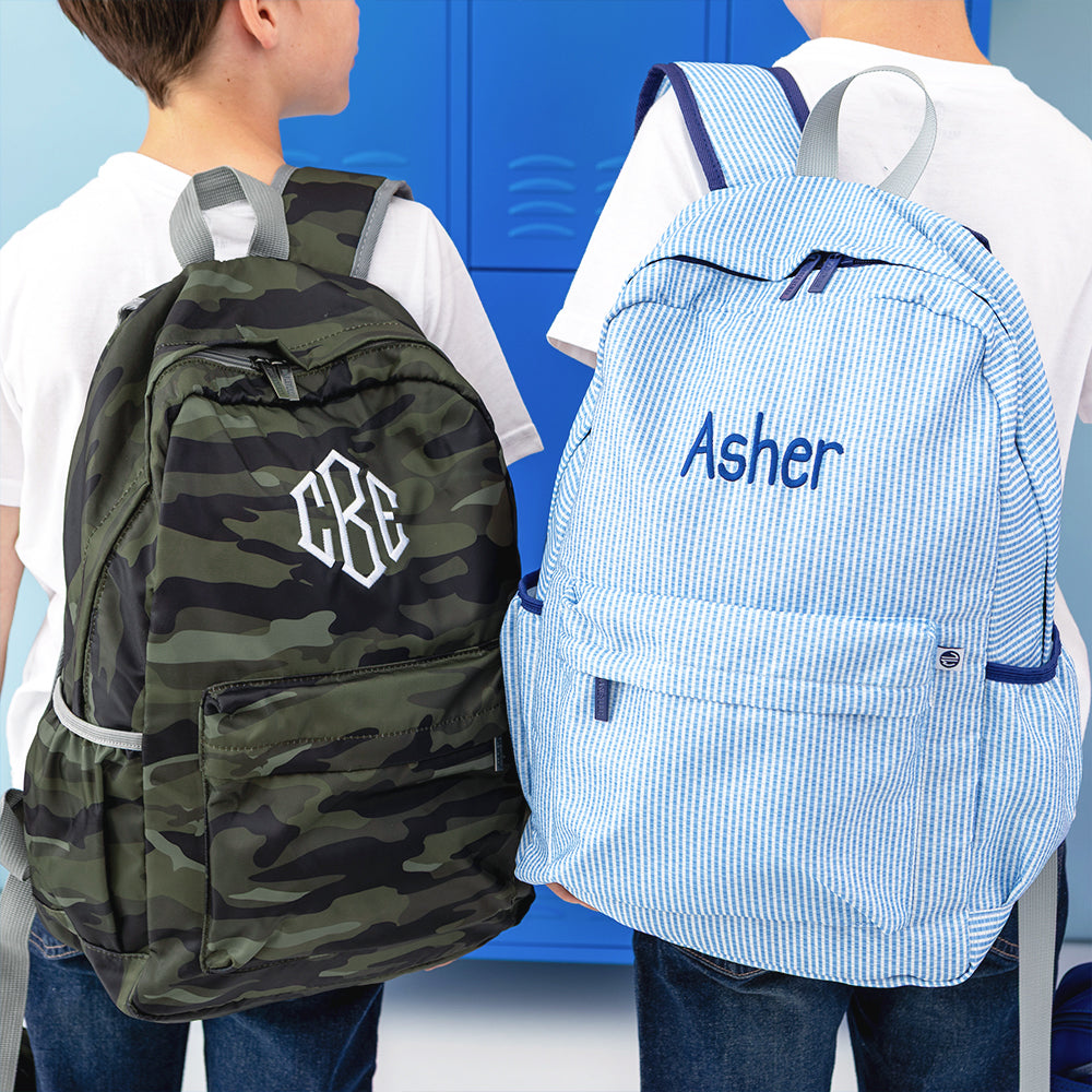 basic backpack duo in camo and navy seersuckeer