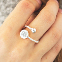 monogrammed adjustable ring on hand