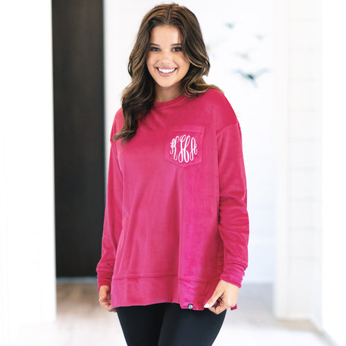 [peyton] woman wearing berry pink softspun sweatshirt