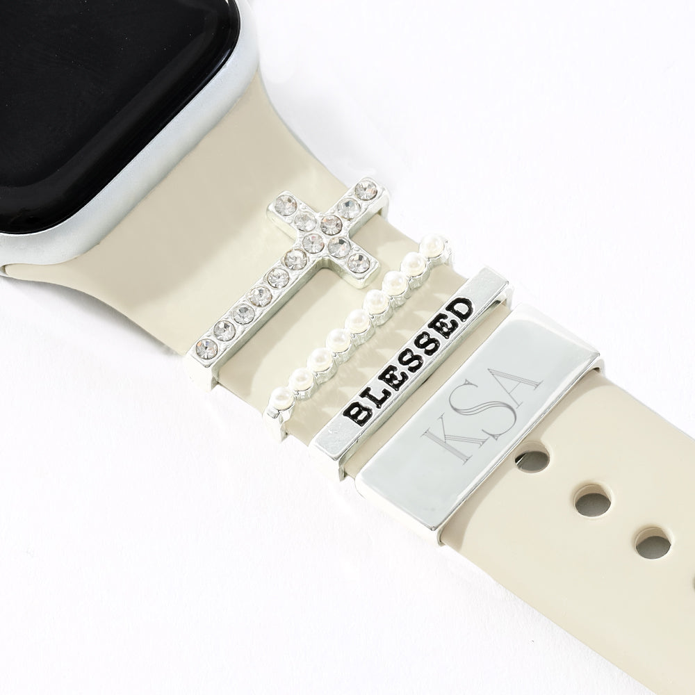 Personalized Smart Watch Charm Set in Silver on Apple Watch Band