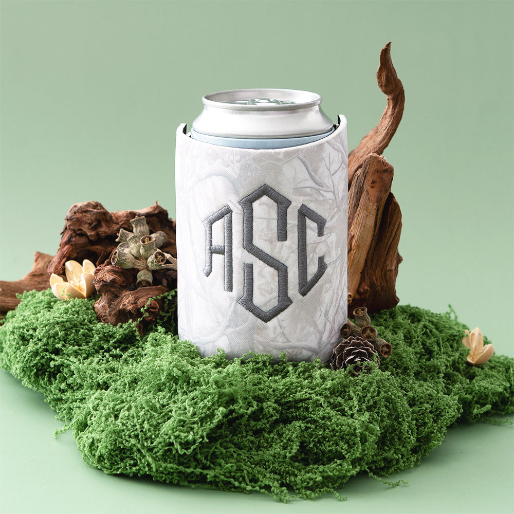 birch camo can koolie with greenery