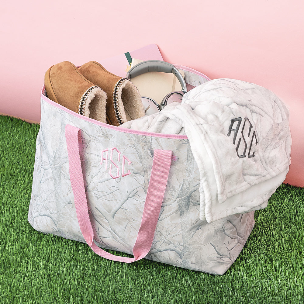 birch camo monogrammed extra large tote bag packed with blanket 