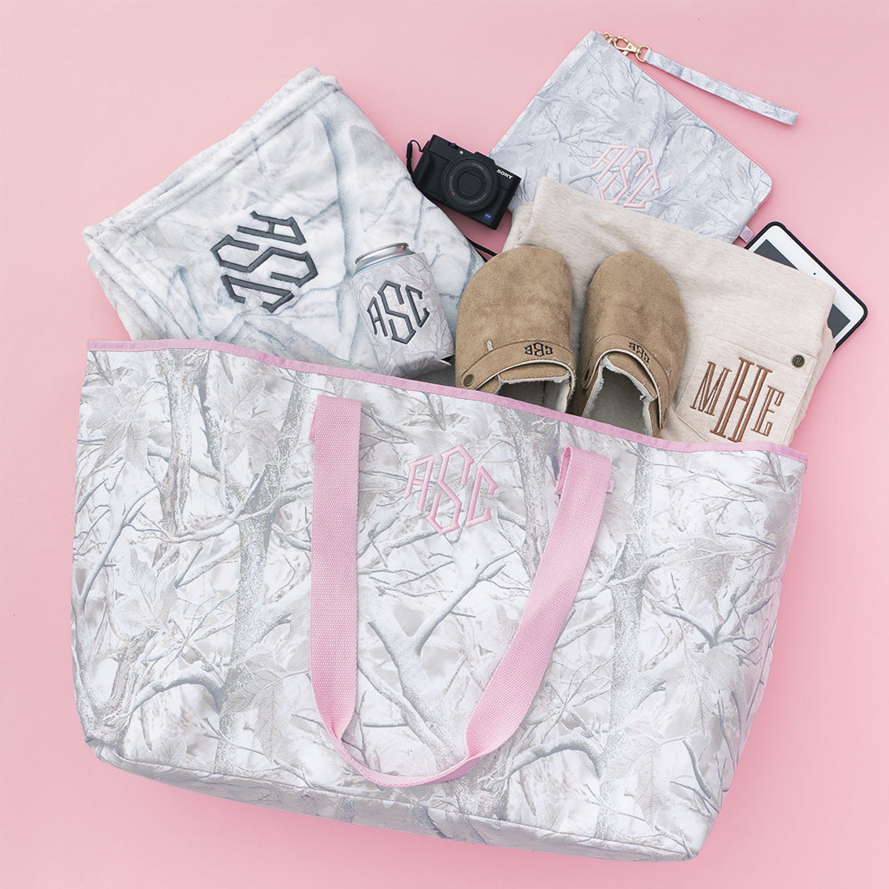 birch camo monogrammed extra large tote bag packed 