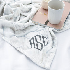 birch camo personalized plush blanket with notebook and candle
