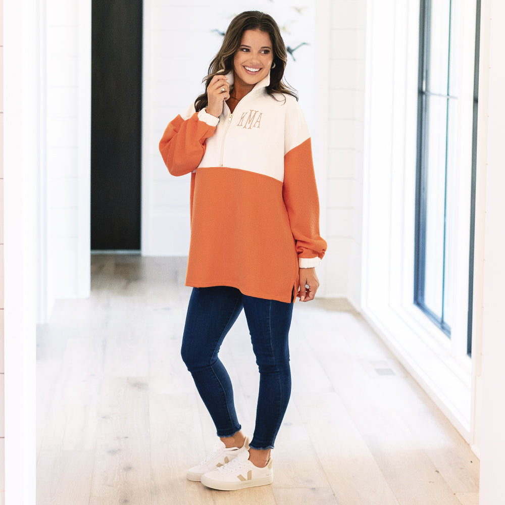 [peyton] personalized quilted pullover tunic in orange with jeans