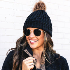 black chunky knit beanie up close