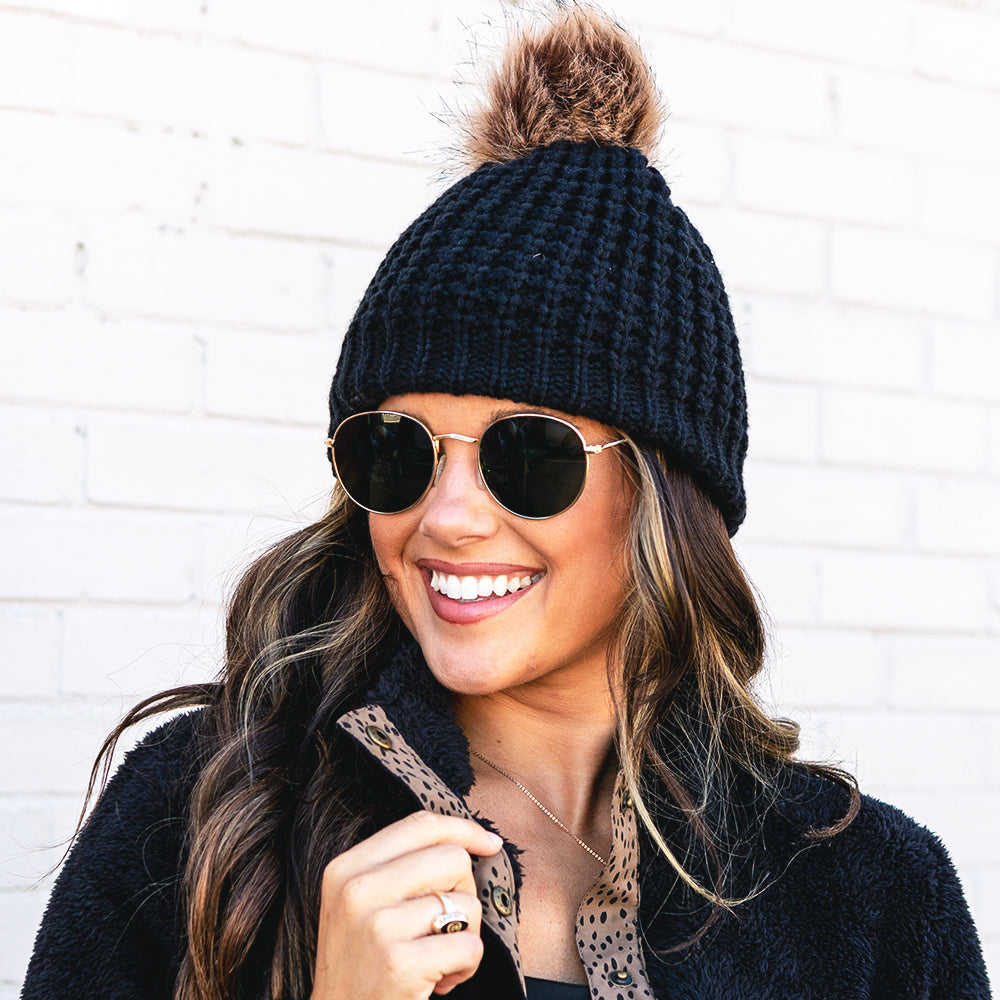 black chunky knit beanie up close