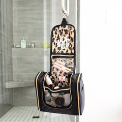 black classic cheetah hanging toiletry bag hanging up