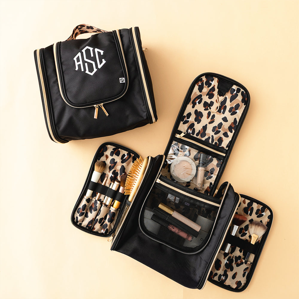 black classic cheetah hanging toiletry bag studio shot