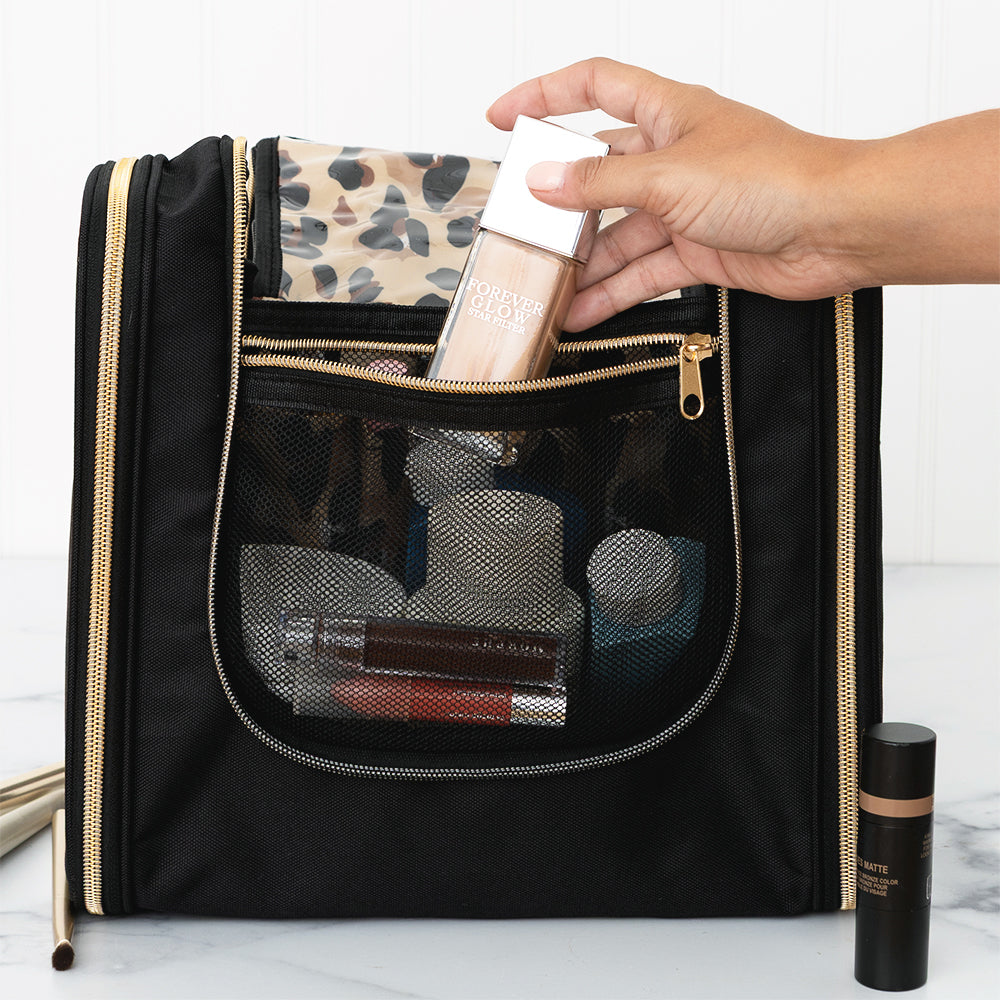 black classic cheetah hanging toiletry bag