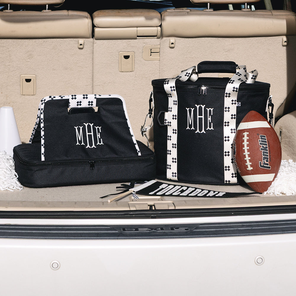 black ditsy diamond monogrammed casserole carrier and cooler 