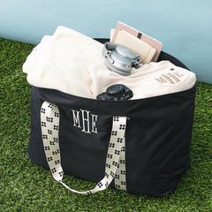 monogrammed extra large tote bag in black ditsy diamond packed 