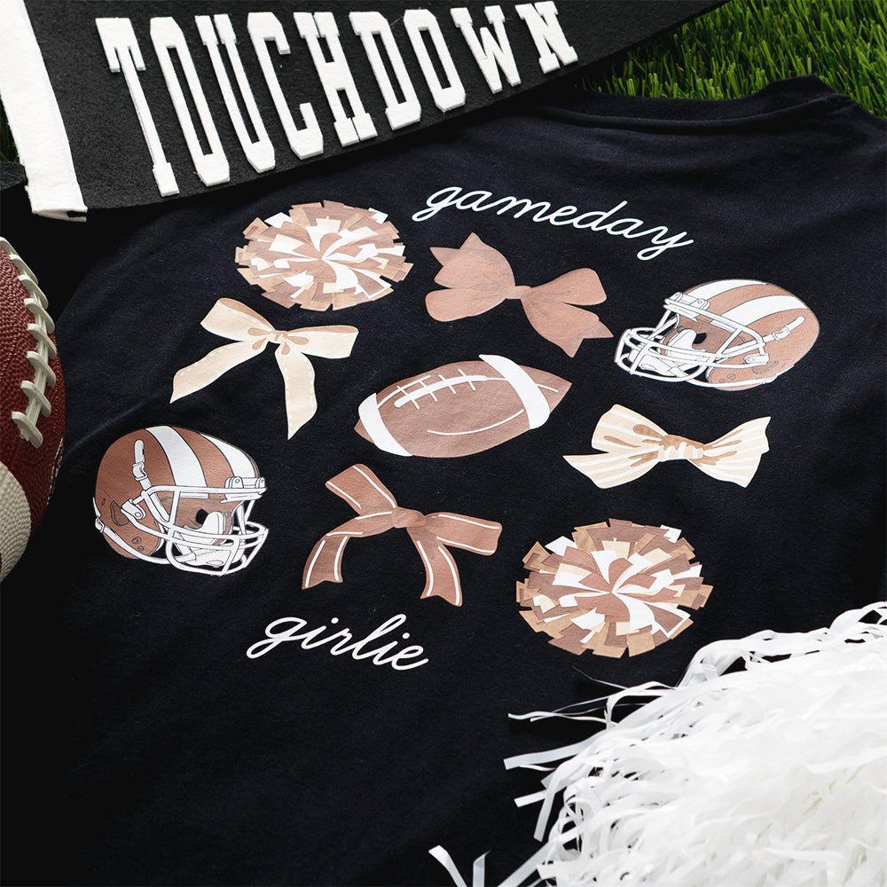 black football t-shirt flatlay up close