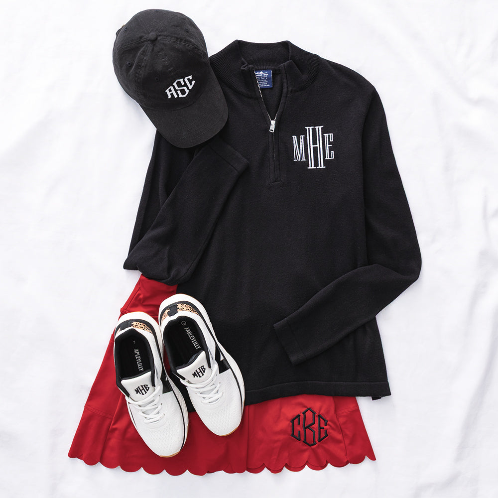 black knit quarter zip pullover flatlay