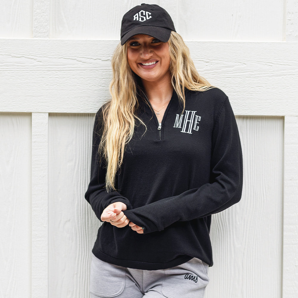 black knit quarter zip pullover on katie