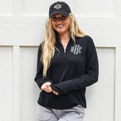black knit quarter zip pullover on katie