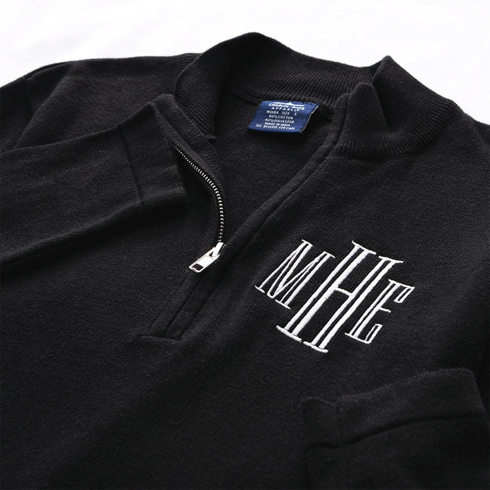 black knit quarter zip pullover up close