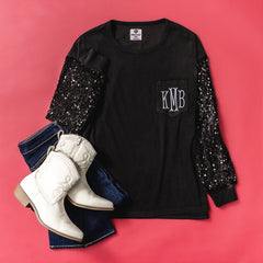 black monogrammed sequin sleeve sweatshirt flatlay