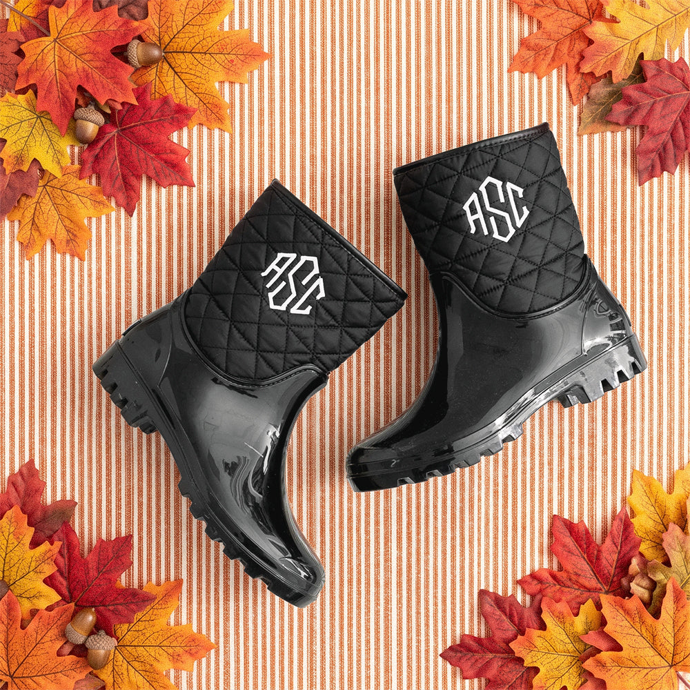 black rain boots on fall striped background