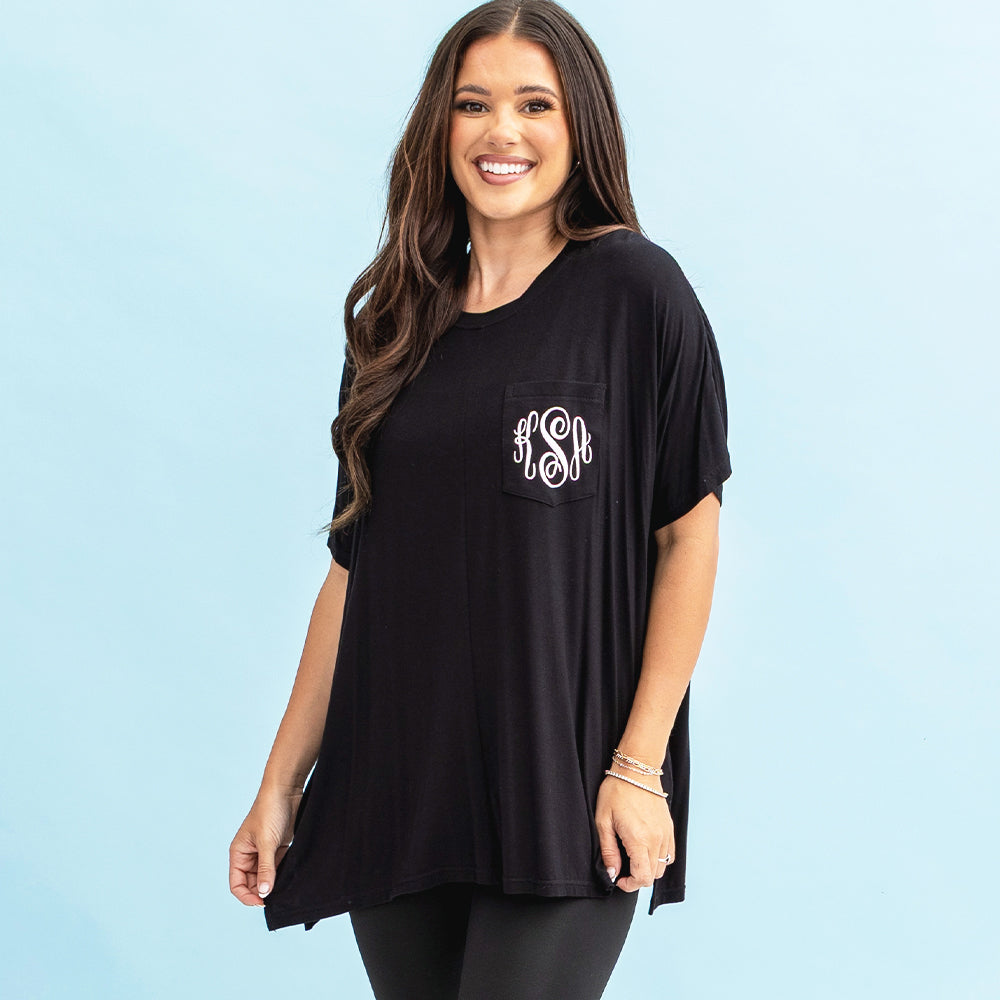 black short sleeve tunic on peyton studio shot