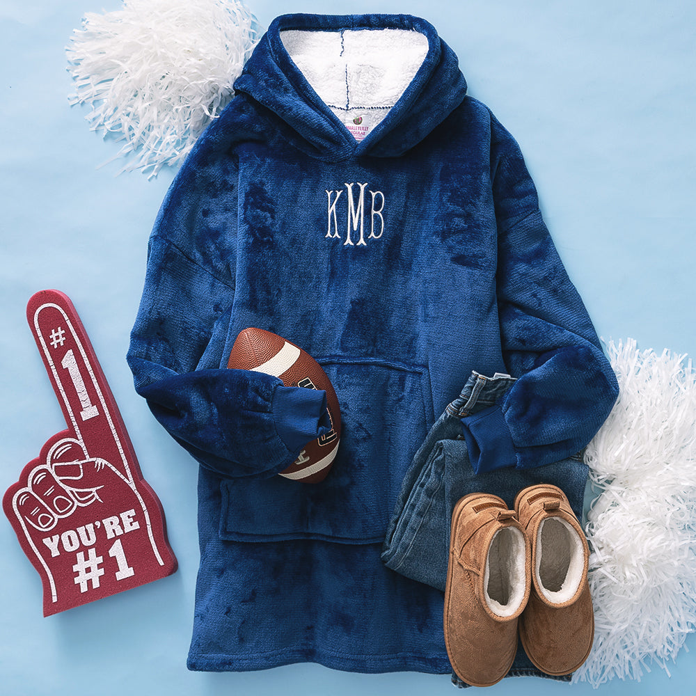 blue monogrammed blanket hoodie football ootd 