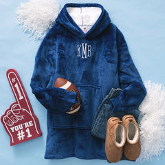 blue monogrammed blanket hoodie football ootd 