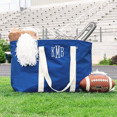 blue monogrammed extra large tote bag in grass 