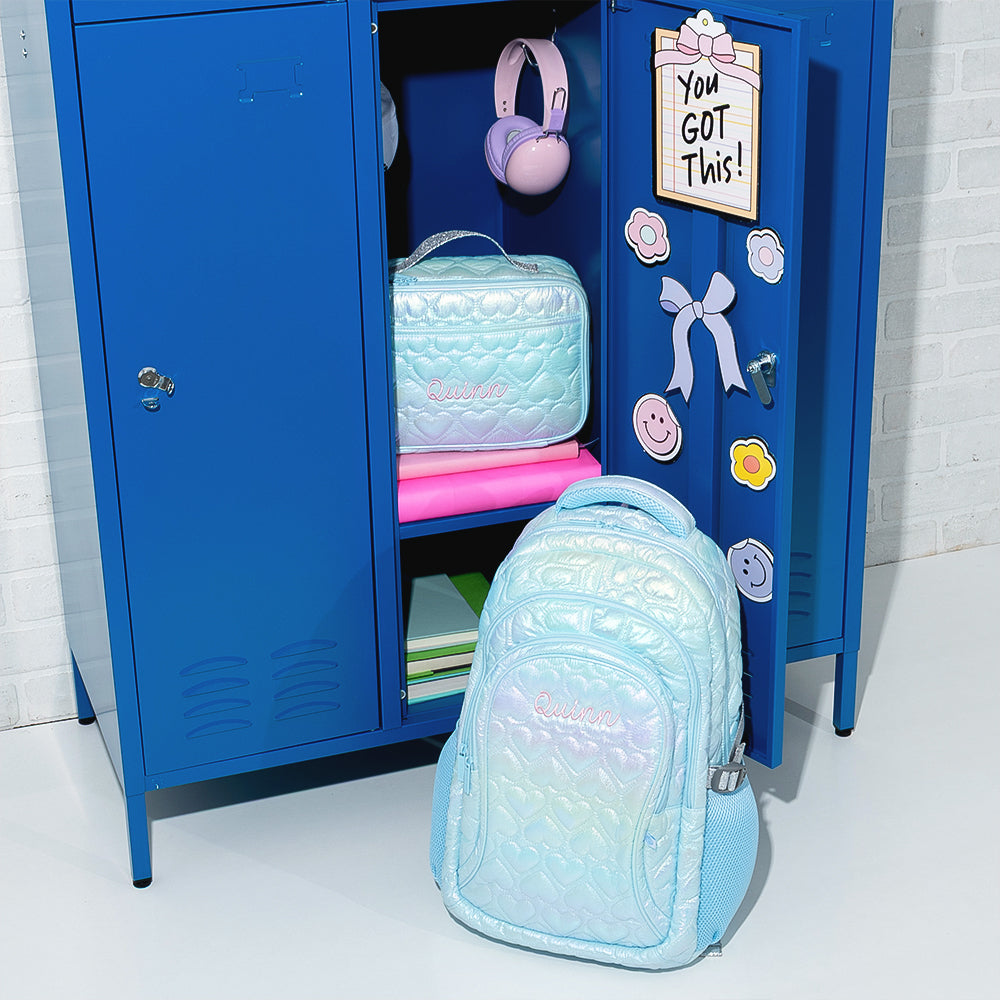 duo blue quilted hearts backpack and lunchbox in locker