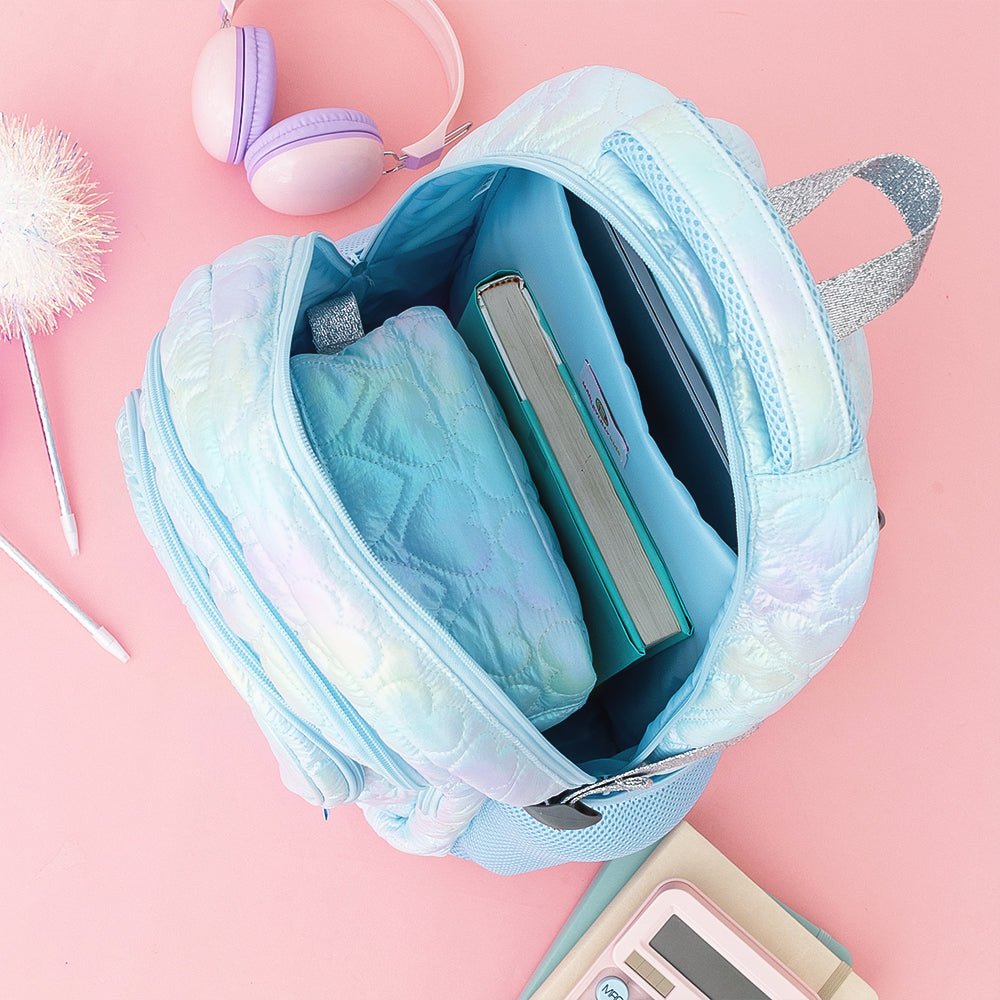 blue quilted hearts backpack inside