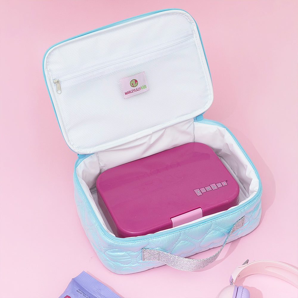 blue quilted hearts lunchbox inside shot 