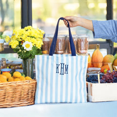 blue striped tote at farmers market