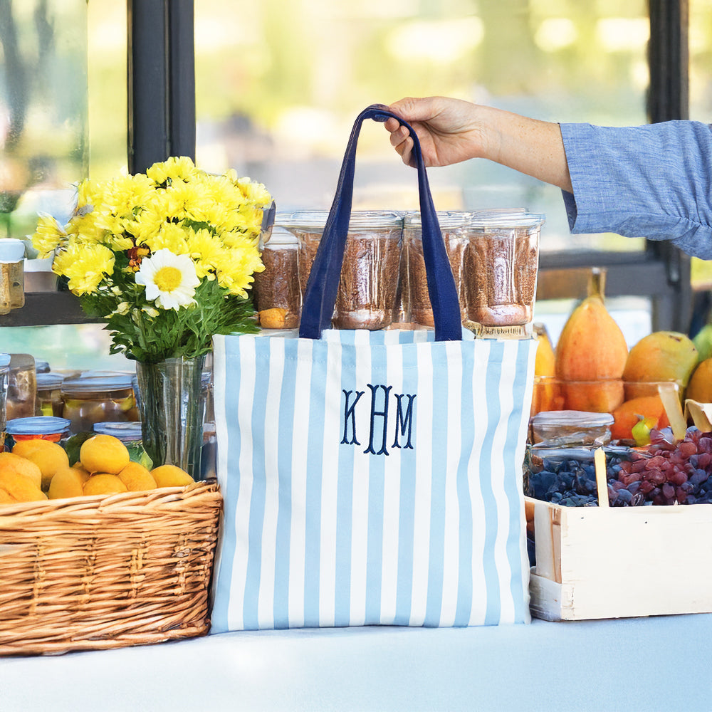 blue striped tote at farmers market
