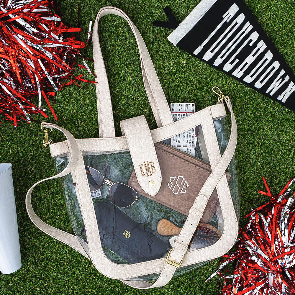 bone clear stadium approved tote grass flatlay