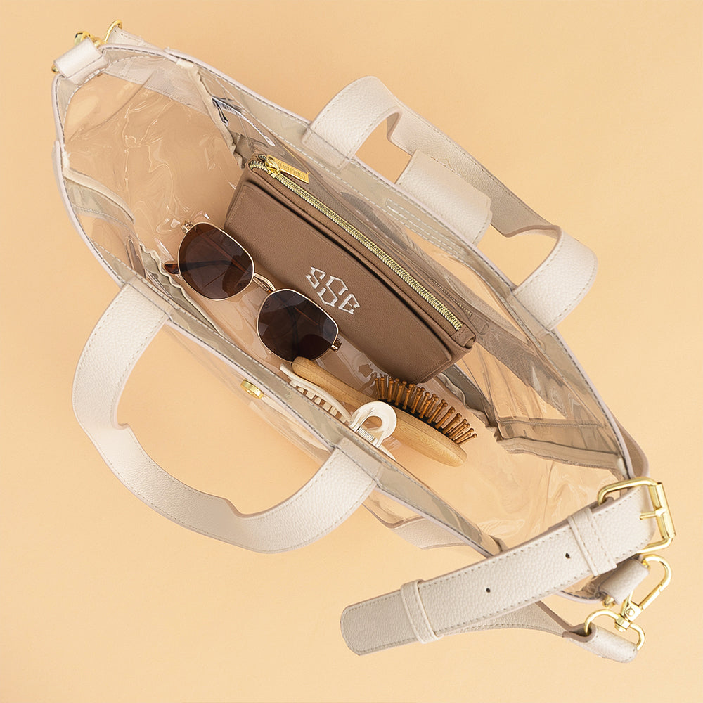 bone clear stadium approved tote open on tan