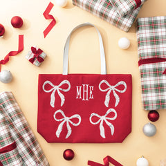 bows sequin tote bag flatlay