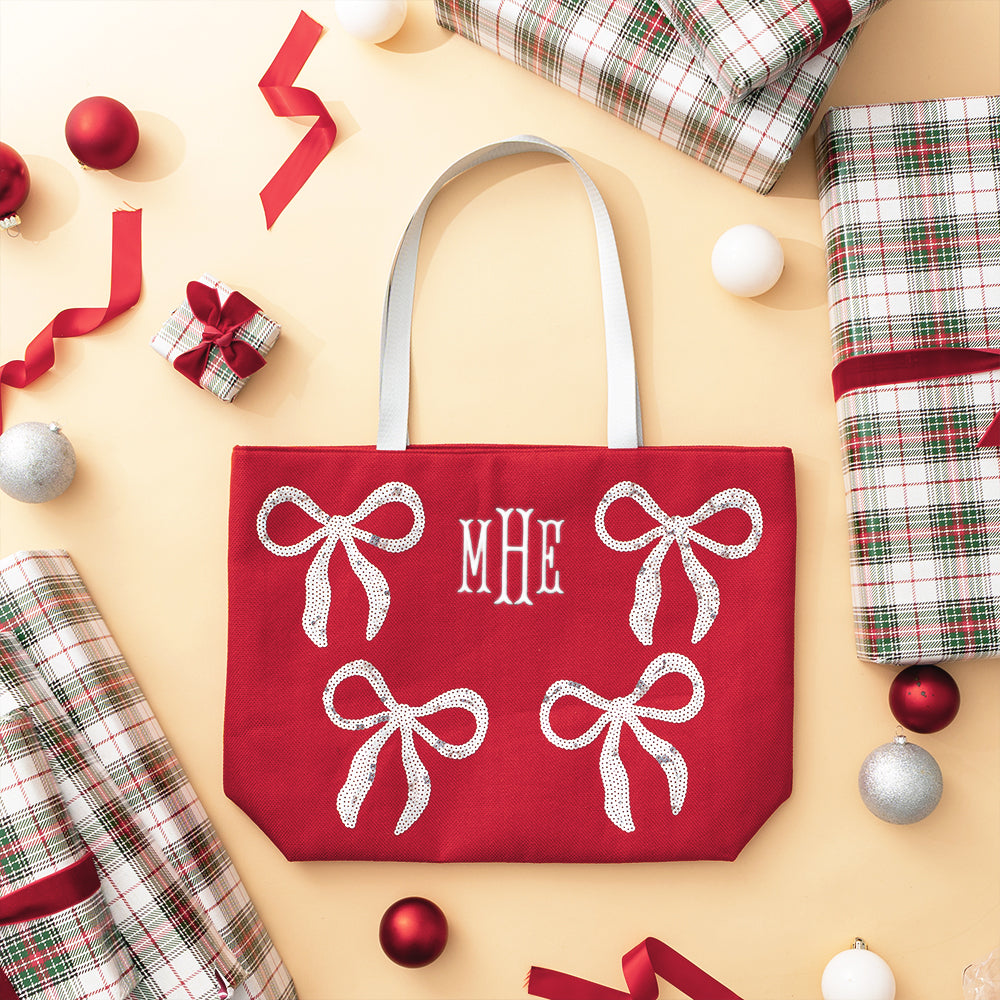 bows sequin tote bag flatlay