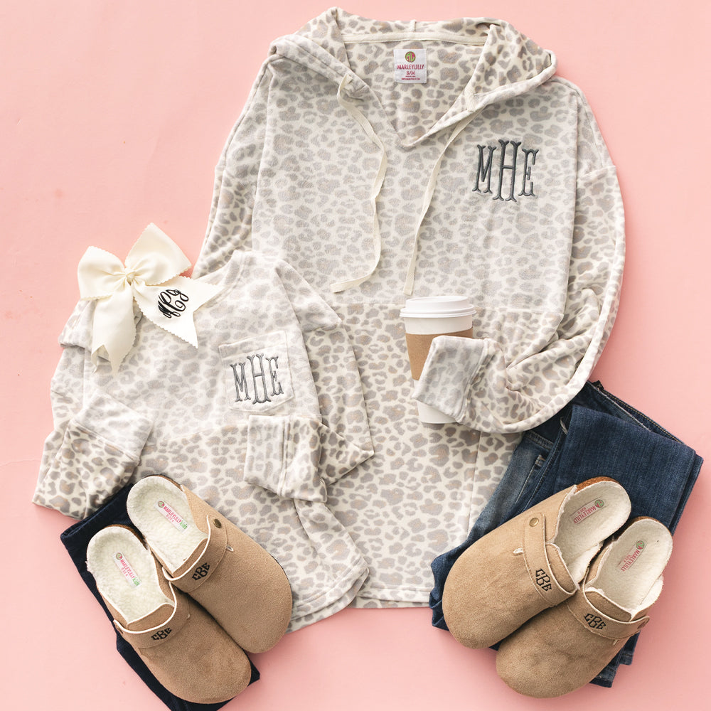 mom and me snow leopard monogrammed softspun pullovers
